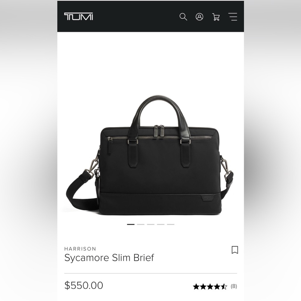 NWT Tumi Harrison Sycamore slim briefcase. $550 Black leather and nylon tricot